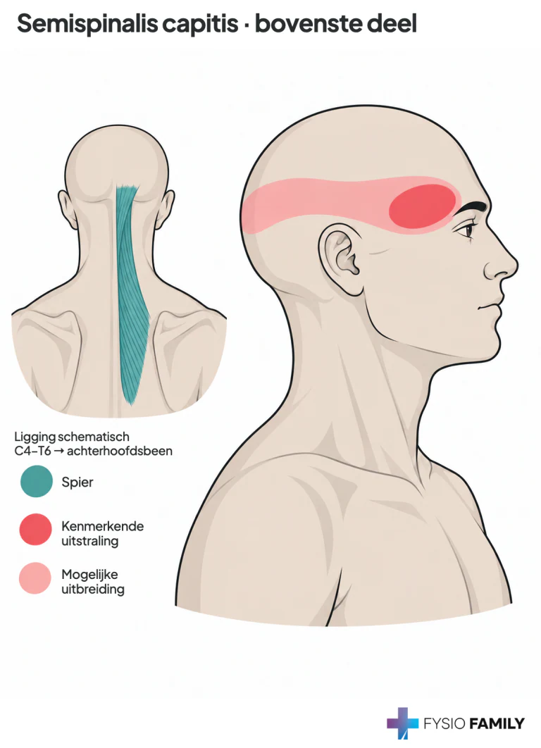 Het bovenste deel kan een band langs de zijkant van het hoofd naar slaap en oog geven. De kleine tekening toont de ligging van de hele spier schematisch: van lage nek en bovenrug naar het mediale achterhoofdsbeen.