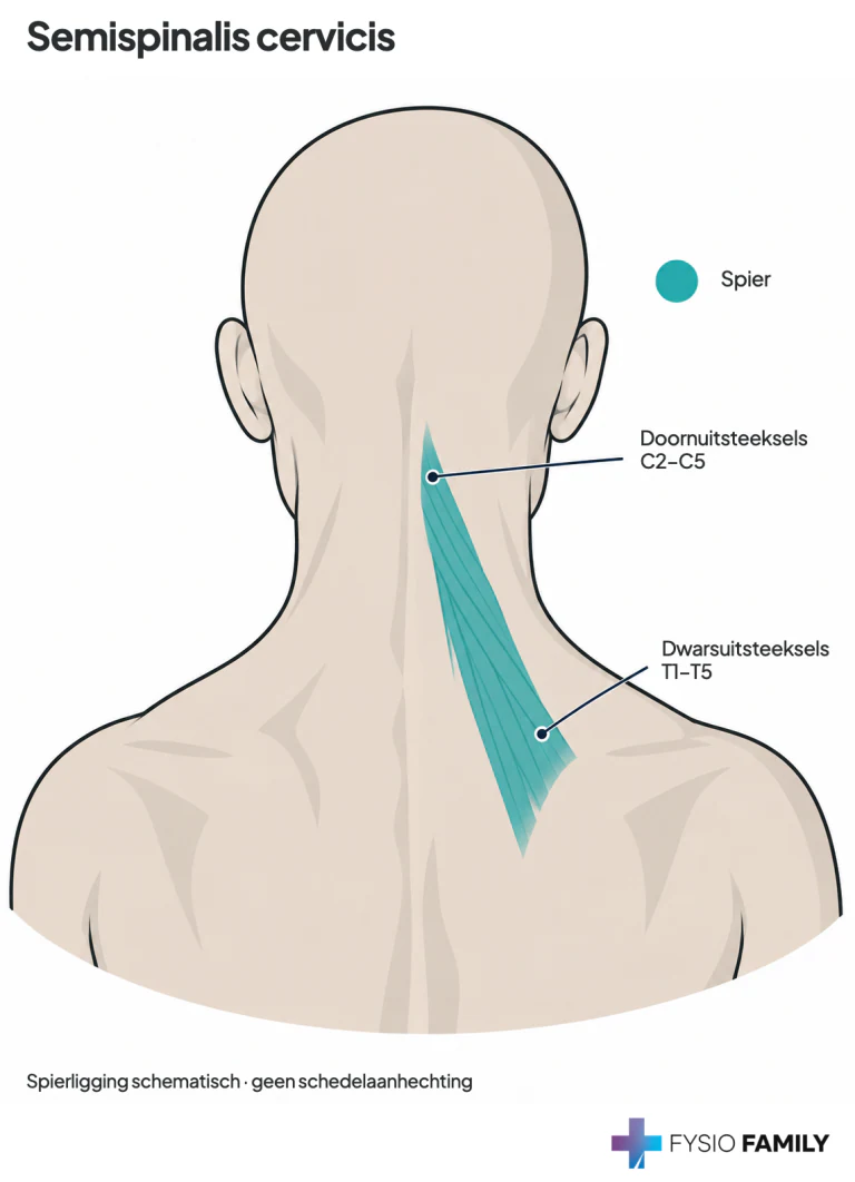 Schema van de diepe spierligging van semispinalis cervicis. Hij verbindt de bovenste borstwervels met doornuitsteeksels van C2–C5 en heeft geen schedelaanhechting. De anatomische niveaus worden regionaal aangegeven; afzonderlijke wervels zijn niet getekend. Het boek geeft geen eigen pijnkaart.