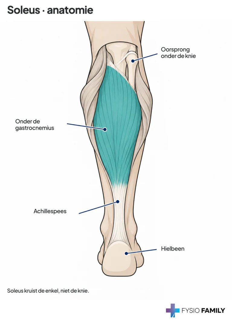 Soleus ligt onder gastrocnemius en begint onder de knie; via de Achillespees naar het hielbeen.