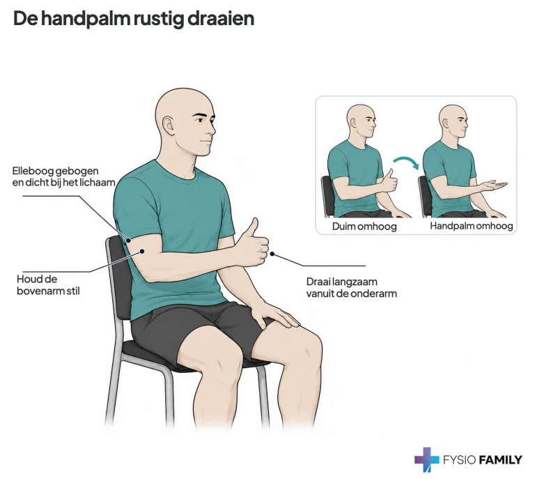 De handpalm rustig draaien. Stap voor stap uitgebeeld.