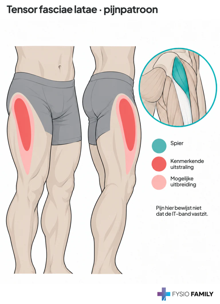 Tensor fasciae latae: kern rond de buitenheup en proximale buitenzijde van het bovenbeen.