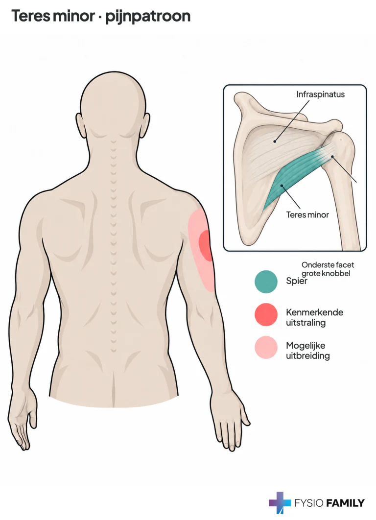 Figure 23.2. Referred pain pattern (essential zone solid red, spillover zone stippled red) of TrPs in the right teres minor muscle.