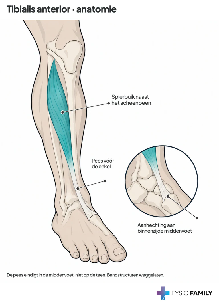Tibialis anterior: pees vóór de enkel naar de binnenzijde van de middenvoet. De bandstructuren die de pezen op hun plaats houden (retinacula) zijn voor het zicht op het peesverloop weggelaten. De inset toont de regionale ligging.