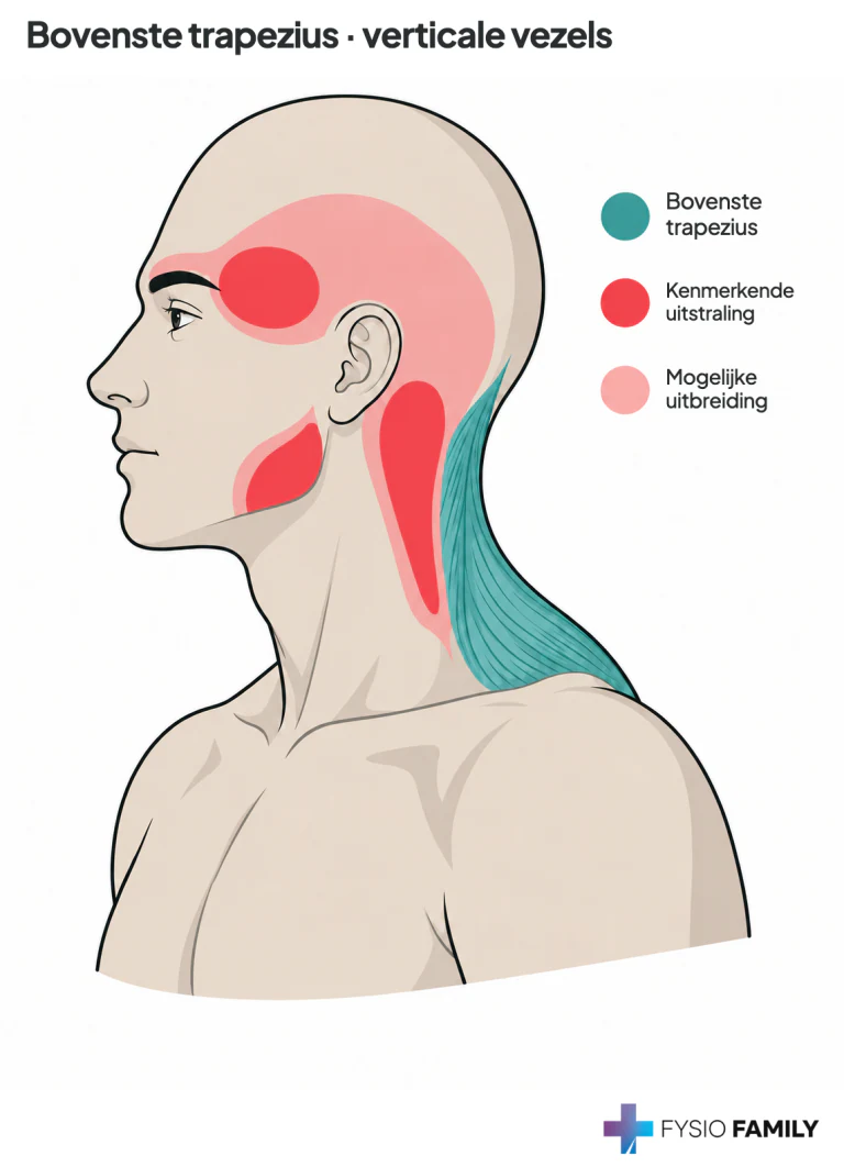 Figuur 6.4. Pijnpatroon van de verticale bovenste trapeziusvezels. Effen rood markeert het kerngebied; rode stippen tonen de mogelijke uitbreiding.