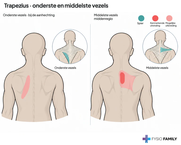 Trapezius: links de beschreven uitbreiding langs de binnenrand van het schouderblad bij de onderste vezels nabij de schouderbladaanhechting; rechts interscapulaire pijn bij het middendeel. Het boek beschrijft hierbij brandende pijn. Bron: hoofdstuk 6, PDF-pagina 318 en figuur 6.6 op pagina 321.