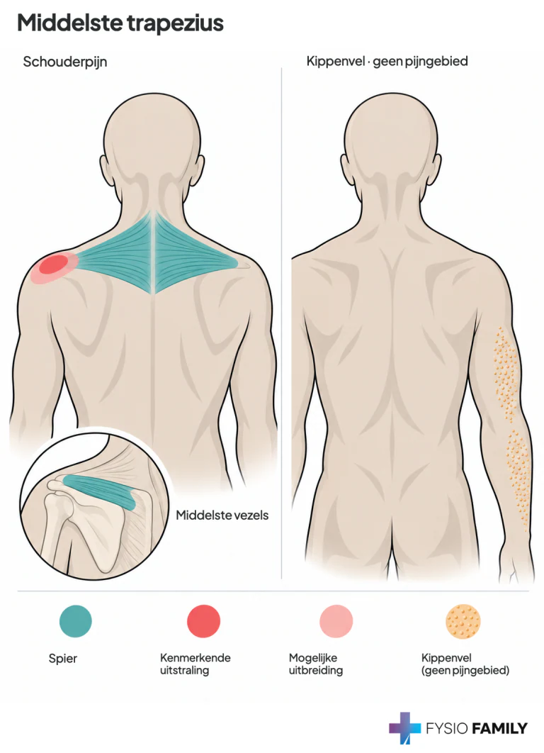 Figuur 6.7. Links in de afbeelding: pijnpatroon bij de laterale aanhechting van de middelste trapezius. De rode tekens op de rechterarm tonen een kippenvelreactie, geen pijngebied.