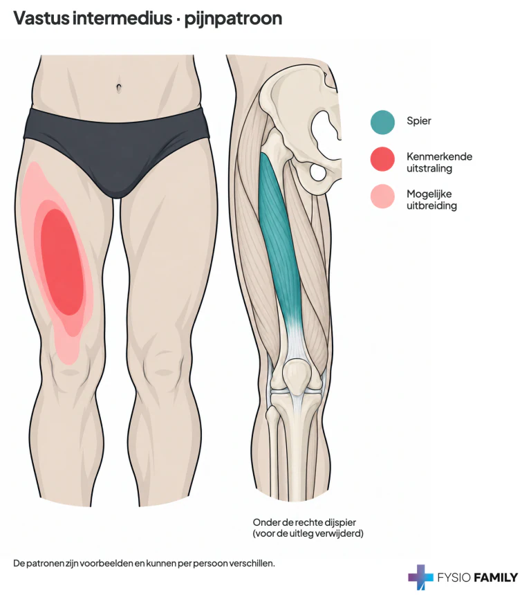 Vastus intermedius: de nadruk ligt voor op het midden van het bovenbeen; de mogelijke uitbreiding varieert.