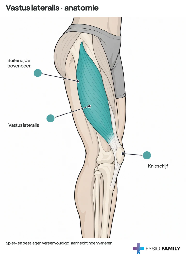 Vastus lateralis aan de buitenzijde van het bovenbeen, met het peesblad naar de buitenrand van de knieschijf.