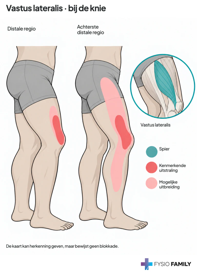 Vastus lateralis: distaal vooral de buitenrand van de knieschijf; vanuit de achterste distale regio kan het veld verder omhoog en omlaag uitbreiden.