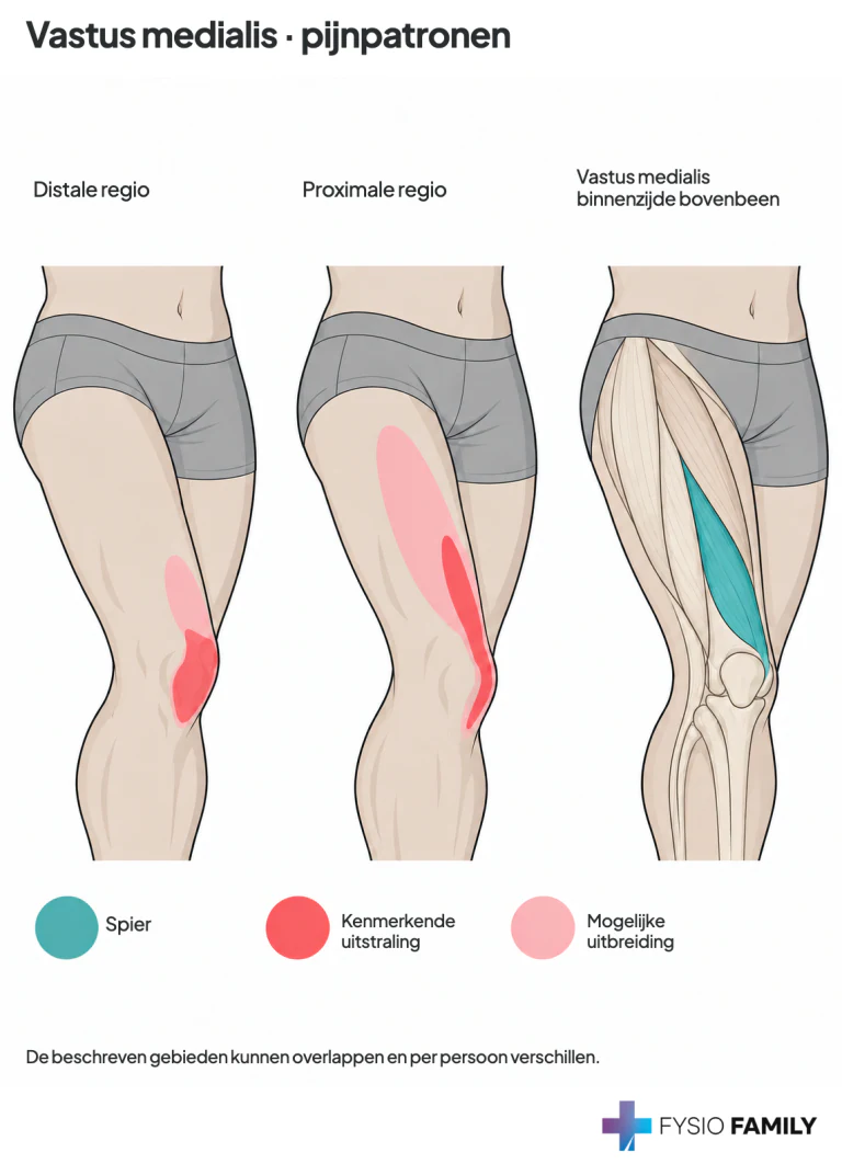Vastus medialis: distale en proximale regio, met herkenbare spier aan de binnenzijde boven de knie.