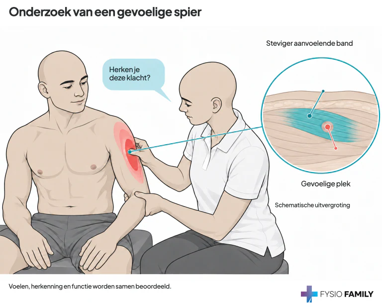 Fysiotherapeut onderzoekt een bereikbare bovenarmspier bij een kale patiënt. Een inzet verduidelijkt een steviger aanvoelende band en een gevoelige plek.