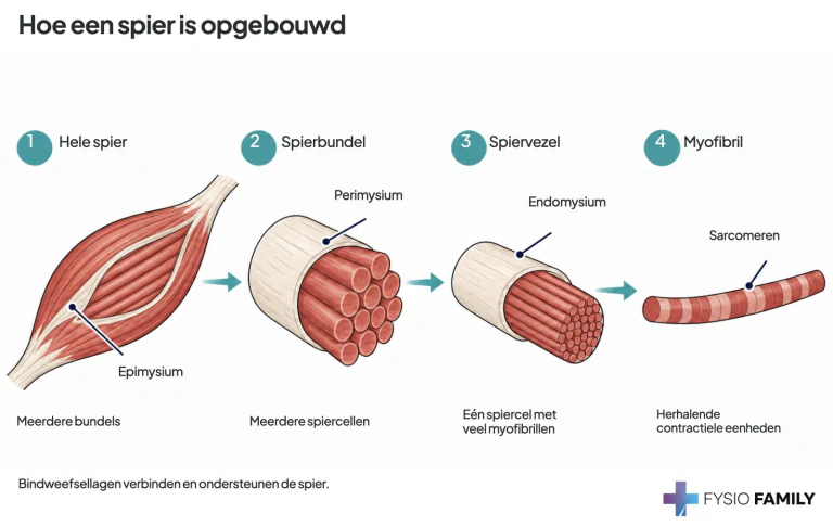 Van hele spier naar spierbundel, spiervezel en myofibril. Bindweefsel omgeeft en verbindt de verschillende niveaus.