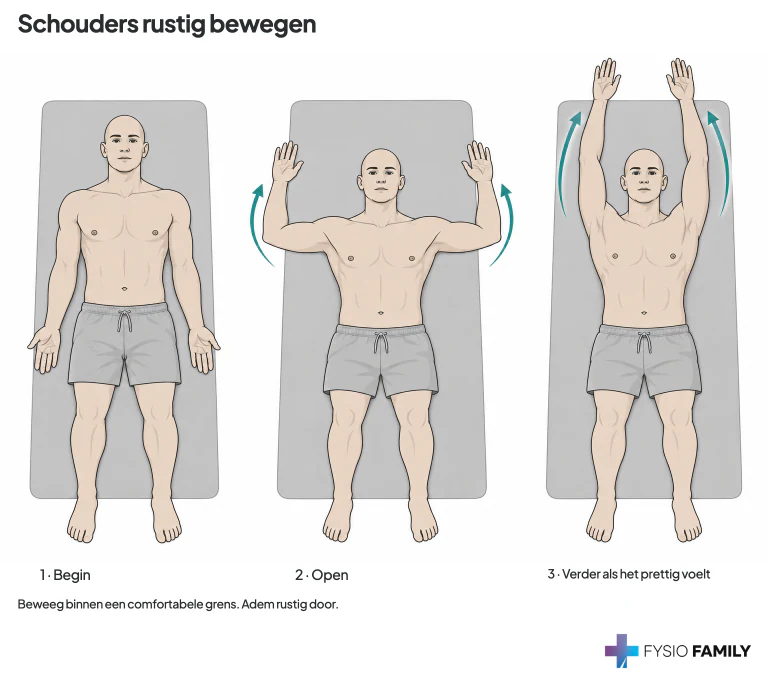 Drie rustige armposities in rugligging: langs het lichaam, gebogen zijwaarts open en verder richting het hoofd als dat prettig voelt.