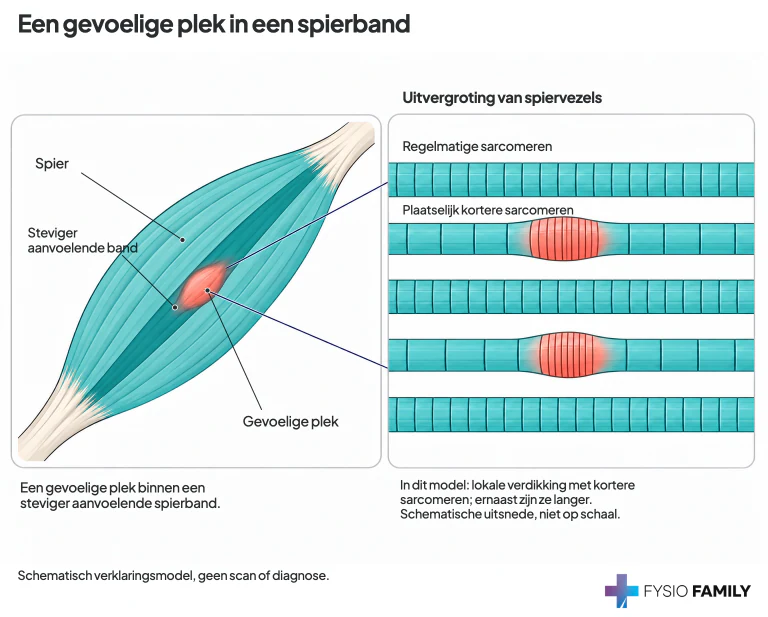 Een gevoelige plek in een steviger aanvoelende spierband. Dit is een schematisch verklaringsmodel, geen scan of diagnose.