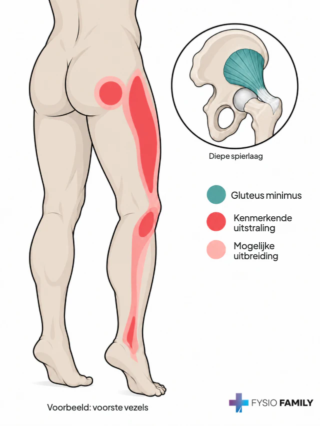 Pijngebieden in de bil en langs de buitenzijde van het been; een anatomische inzet toont de diepe gluteus minimus bij de heup.