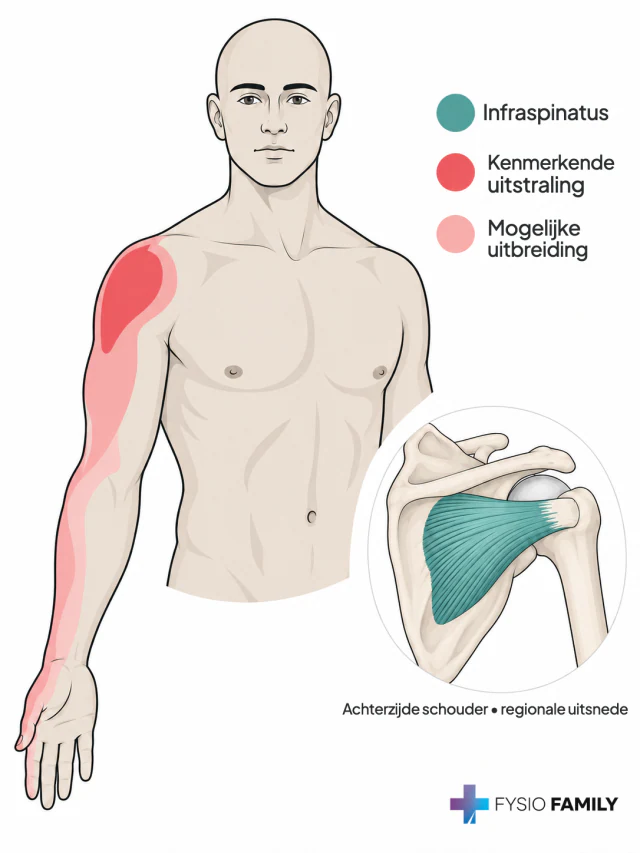 Vooraanzicht met pijn aan schouder en bovenarm en mogelijke uitbreiding langs onderarm naar de duimzijde; een inzet toont de infraspinatus achter op het schouderblad.