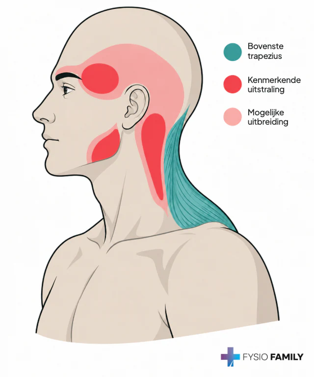Voorbeeld van een beschreven pijnpatroon van de bovenste trapezius. De plek en omvang van pijn kunnen per persoon verschillen.